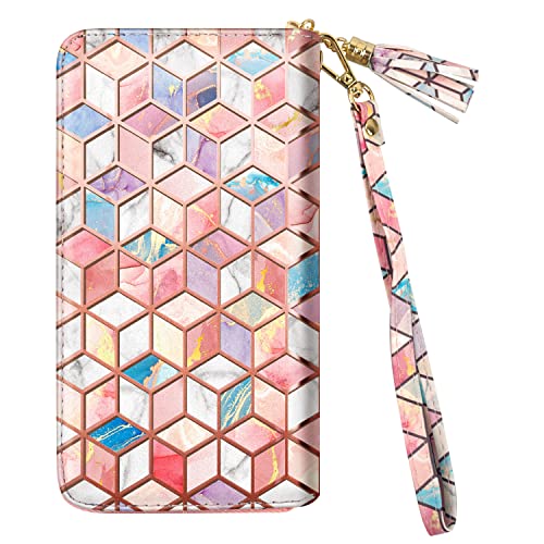 RFID Blocking Clutch Wallet w/Wrist Strap and Tassel, Colorful Gold Marble