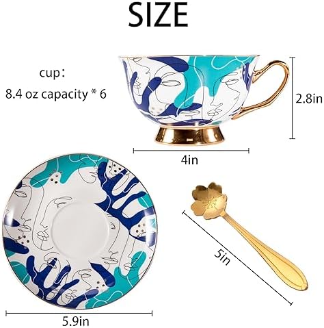 ICHAG Cups and Saucers Set of 6, Coffee Mugs, Tea Cups Set with Bowknot, Tea Set, 18-piece, Cup with 8.4oz, Golden Spoon, For Tea Party, Christmas Gifts, Gifts for Home Office