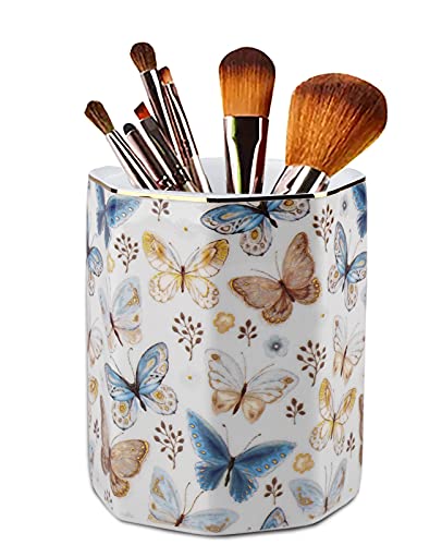 Ceramic Desk Organizer, Pencil Cup, Pen Holder, Makeup Brush Holder for Office, Classroom, Bathroom - Butterflies