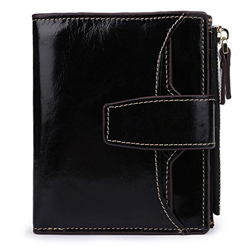 AINIMOER Women's RFID Blocking Leather Small Compact Bi-fold Zipper Pocket Wallet Card Case Purse (Waxed Black)