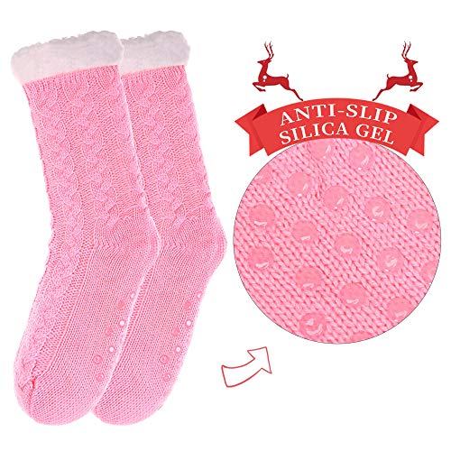 SDBING Women's Winter Super Soft Warm Cozy Fuzzy Fleece-Lined with Grippers Slipper Socks (Pink)