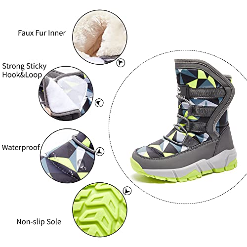 Boys Girls Snow Boots Winter Non-Slip Cold Weather Shoes(Toddler 8-Grey/Green)