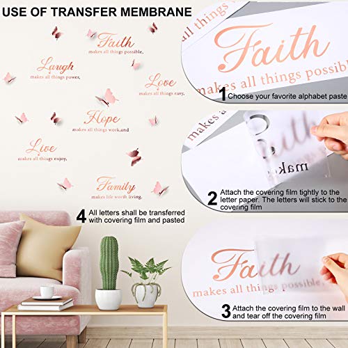 6 Pieces Faith Hope Love Laugh Family Live Wall Decal Sticker Motivational Wall Decal Sticker with 12 Pieces 3D Butterfly Decal Inspirational Quotes Sticker Set for Home Office Decor (Rose Gold)
