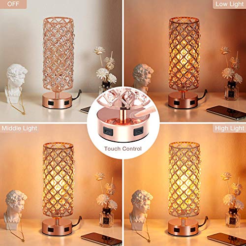 Rose Gold Crystal Table Lamp w/USB Ports, 3-Way Dimmable, Touch Control