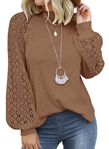 MIHOLL Women’s Long Sleeve Tops Lace Casual Loose Blouses T Shirts Coffee