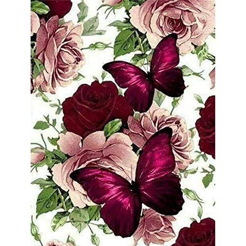 Burgundy Butterflies & Roses Diamond Painting Kit for Adults & Children, 5D Full Drill Round