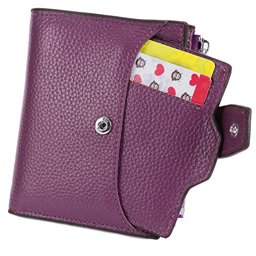 AINIMOER Women's RFID Blocking Leather Small Compact Bi-fold Zipper Pocket Wallet Card Case Purse (Lichee Dark Magenta)