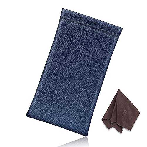 Fintie Eyeglasses Pouch with Cleaning Cloth, Portable Squeeze Top Vegan Leather Soft Glasses Case Anti-Scratch Sunglasses Bag, Navy Blue