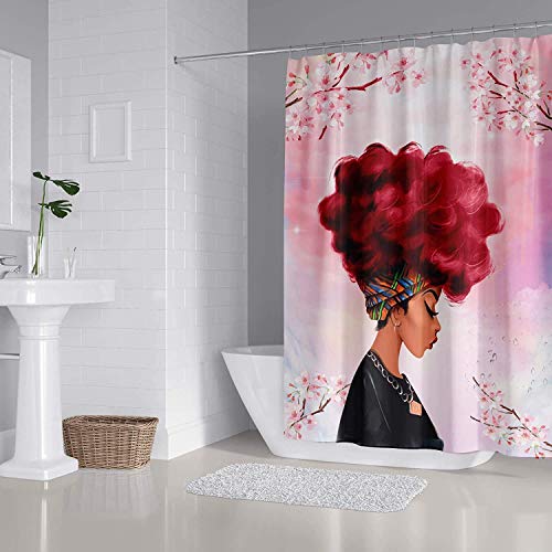 African American Woman Red Roses Headdress Afro Art Shower Curtain Set w/12 Hooks