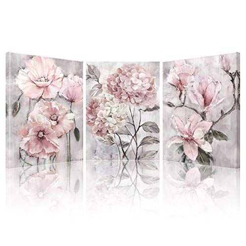 lamplig Pink Wall Art Flowers Canvas Prints Floral Pictures Gray Modern Romantic Artwork Blush Bloom Painting Stretched Framed for Bathroom Living Dining Room Bedroom Home Wall Decor 12 x 16, 3 Panels