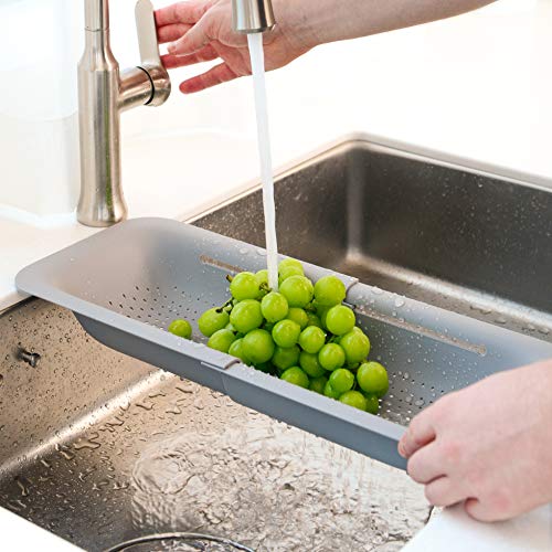 BLUE GINKGO Over the Sink Colander Strainer Basket - Wash Vegetables and Fruits, Drain Cooked Pasta and Dry Dishes - Extendable - New Home Kitchen Essentials (7.9 W x 14.5-19.5 L x 2.75 H) - Gray