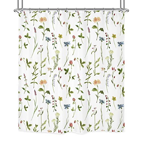 Spring Season Botanical Leaves, Flowers & Herbs Shower Curtain w/12 Hooks Set