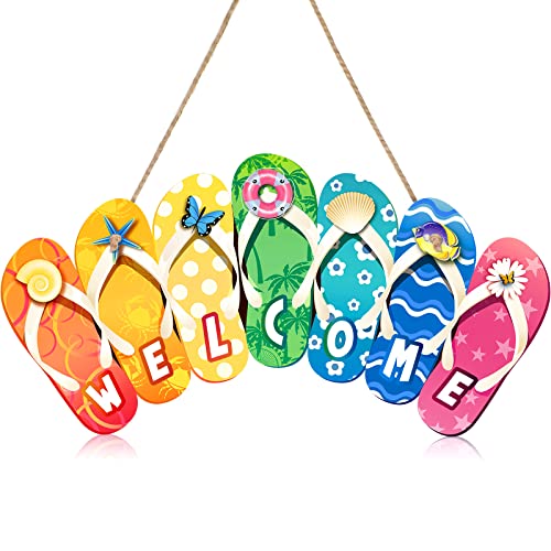 Summer Slippers Hanging Sign Shape Welcome Hello Flip Flop Wooden Door Sign Hanging Plaque Rustic Wall Sign Yard Indoor Outdoor Garden Decoration with Rope (Welcome)