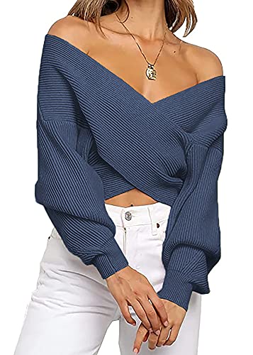 BTFBM Women Casual V Neck Long Sleeve Sweaters Cross Wrap Front Off Shoulder Asymmetric Hem Knitted Crop Solid Pullover (Solid Blue Grey, X-Large)