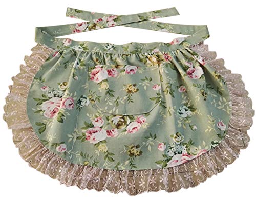 CRB Fashion Waist Apron with Pocket Cotton Commercial Restaurant Waitress Waiter for Girl Woman Half Bistro Aprons (Green)
