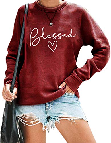 Blessed Sweatshirt for Women Letter Print Lightweight Thanksgiving Pullover Tops Blouse (Red, Small)