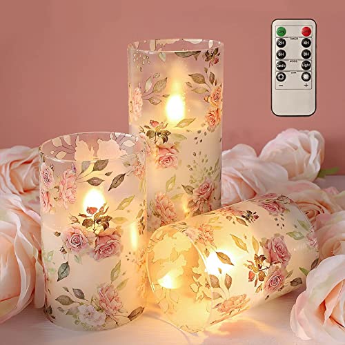 CHERIMENT Pink Rose Decor Flameless Candles , Love Theme Battery Operated LED Candles with Remote, Pink Flower Decal Glass Effect Candles for Christmas, Wedding, Pink Bedroom Decoration (Set of 3)