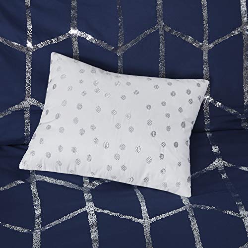 Intelligent Design Raina Comforter Microfiber Metallic Print Geometric, Embroidered Toss Pillow Modern Trendy Casual All Season Bedding Set with Matching Sham, Full/Queen, Navy/Silver 5 Piece