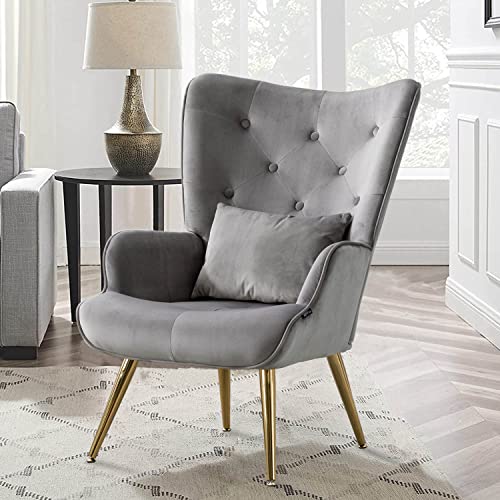 Altrobene Velvet Accent Chair, Tufted Lounge Chair, Contour Arm Chair with Pillow for Living Room Bedroom, Golden Finished, Grey