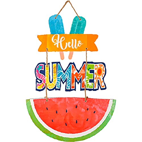 Hello Summer Sign Hanging Door Sign Plaque Watermelon Ice Cream Summer Door Hanger Welcome Wall Sign Farmhouse Garden Yard Front Door Wall Porch Wooden Summer Decorations Party Supplies Indoor Outdoor