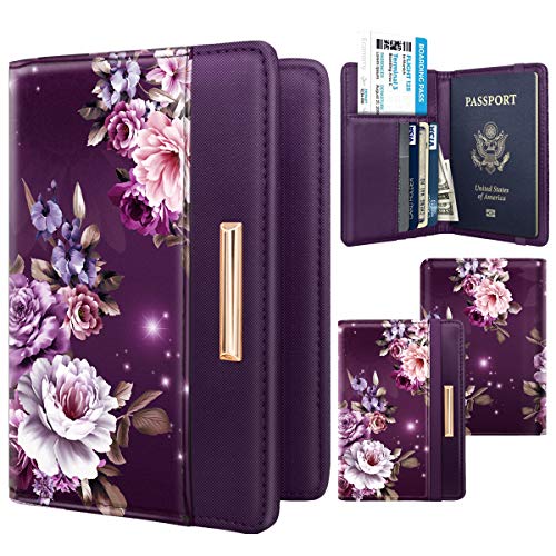 Passport Holder,RFID Blocking Passport Cover Cute Floral Traveling Passport Wallet for Women Purple Flowers.