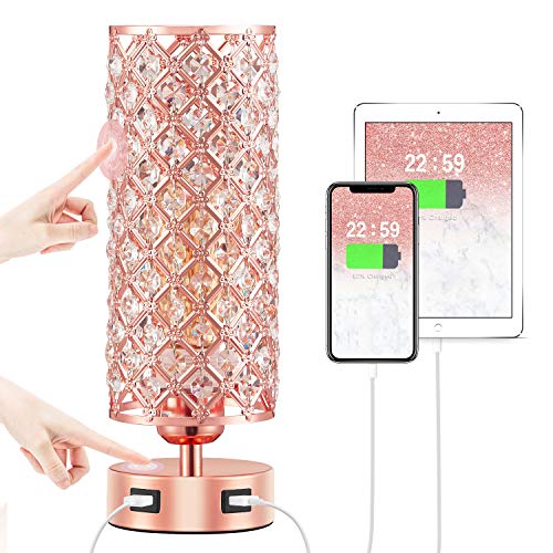 Rose Gold Crystal Table Lamp w/USB Ports, 3-Way Dimmable, Touch Control