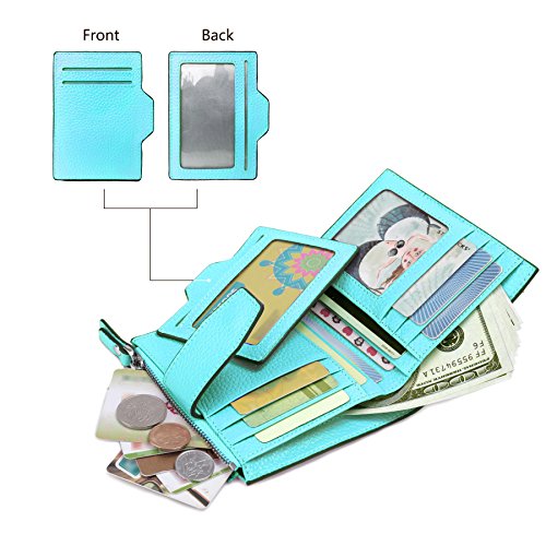 AINIMOER Women's RFID Blocking Leather Small Compact Bi-fold Zipper Pocket Wallet Card Case Purse(Lichee Sea Blue)