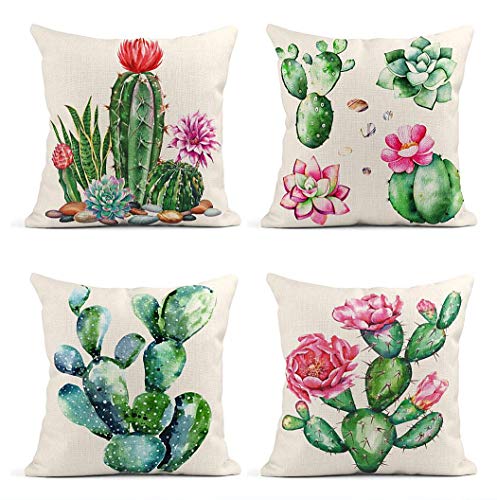 ArtSocket Set of 4 Throw Pillow Covers Watercolor Cactus Garden Raster for Clipping Path Collection Succulents Plants Decor Linen Pillow Cases Home Decorative Square 18x18 Inches Pillowcases
