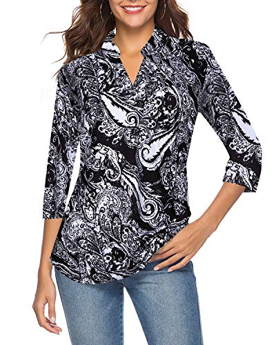 CEASIKERY Women's 3/4 Sleeve Floral V Neck Tops Casual Tunic Blouse Loose Shirt 012 Black