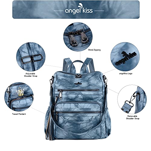 Backpack Purse Women PU Leather ladies fashion shoulder bag Casual Tassel Zipper Angel Kiss Backpacks(Blue)