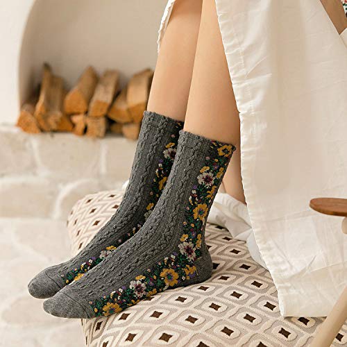 Women's 5 Pairs Vintage Ethnic Floral Knit Socks Stripe Flower Cotton Crew Socks