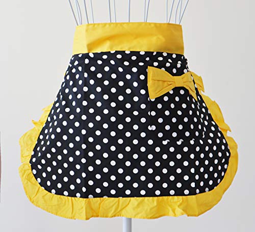 Waist Apron Cute Vintage 50’s Cooking Kitchen Retro Lovely Ruffle Apron with Pockets for Women Girls (Yellow)