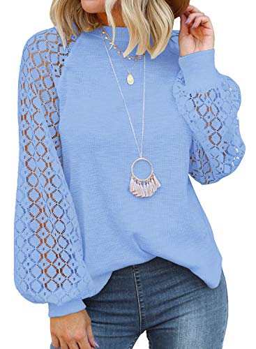 MIHOLL Women’s Long Sleeve Tops Lace Casual Loose Blouses T Shirts (Sky Blue, Small)