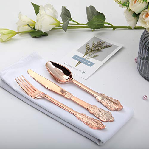 Disposable Heavyweight Rose Gold Plastic Silverware, 300 Pieces Forks, Spoons, Knives