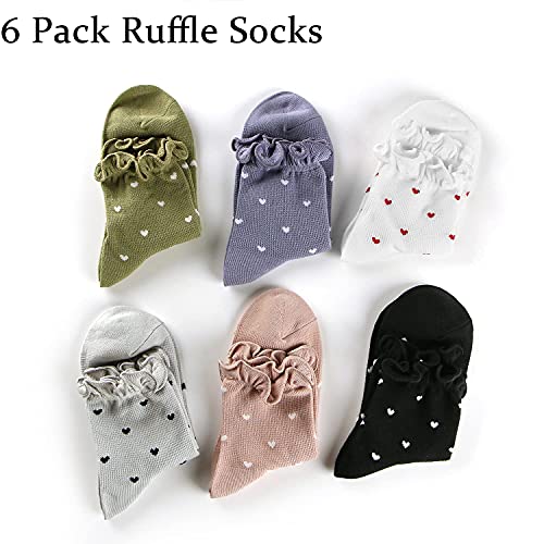 Women's Socks,Ruffle Ankle Socks Comfort Cool Thin Cotton Knit Low Cut Hearts Pattern Cute Frilly Socks For Women,Kawaii Mary Jane Socks 6-pair Pack