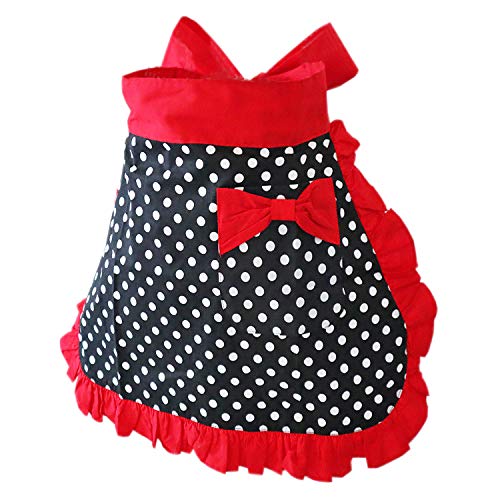 Waist Apron Cute Vintage 50’s Cooking Kitchen Retro Lovely Ruffle Apron with Pockets for Women Girls (Red)