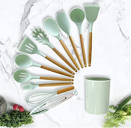 Kitchen Cooking Utensils Set 12 Pieces Silicone Wooden Handle High Heat Resistance Premium Silicone Kitchen Gadgets Spatula Set with Holder BPA Free (MINT GREEN)