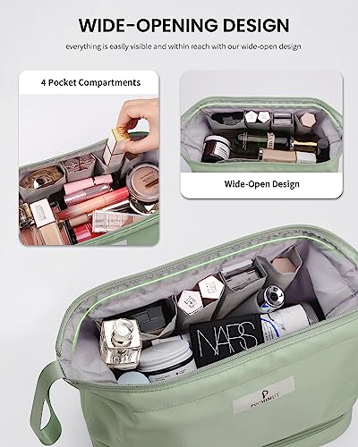 Pocmimut Makeup Bag,Cosmetic Bag for Women Travel Makeup Bag for Girls Large Double Layers Make Up Brush Bags Toiletry Bag for Women(Lucky Green)