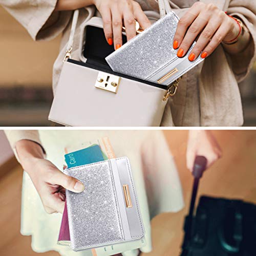 Passport Holder Cover Women's Travel Wallet RFID Blocking Cute Slim Passport Wallet with Elastic Band, Silver