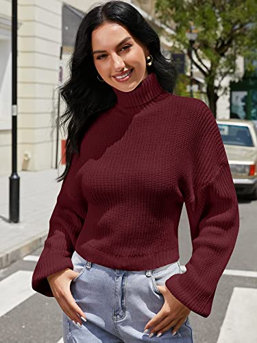 ZAFUL Women's Cropped Turtleneck Sweater Lantern Sleeve Ribbed Knit Pullover Sweater Jumper (2-Wine Red, M)