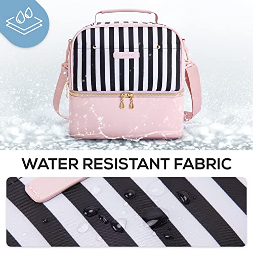 TOURIT Lunch Bag Women Double Deck Lunch Box Insulated Lunch Cooler for Women Men Work, School, Pink Stripes