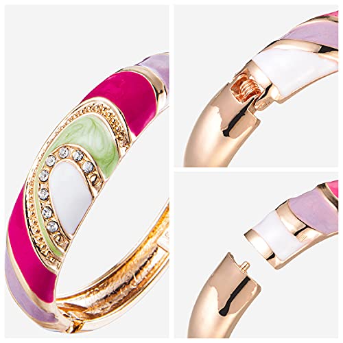 Hot Pink, Green & Gold Cloisonne Beautiful Enamel Hinged Cuff Bracelet