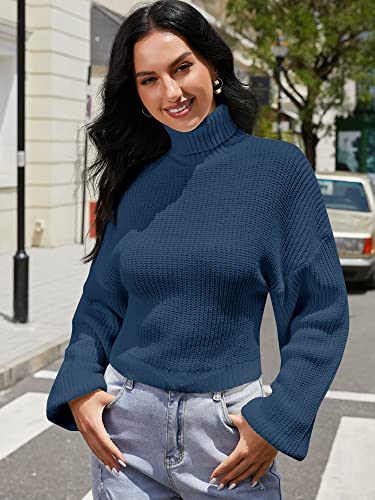 ZAFUL Women's Cropped Turtleneck Sweater Lantern Sleeve Ribbed Knit Pullover Sweater Jumper (2-Blue, M)