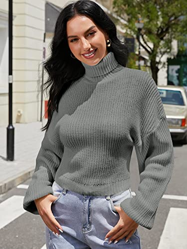 ZAFUL Women's Cropped Turtleneck Sweater Lantern Sleeve Ribbed Knit Pullover Sweater Jumper (2-Gray, M)