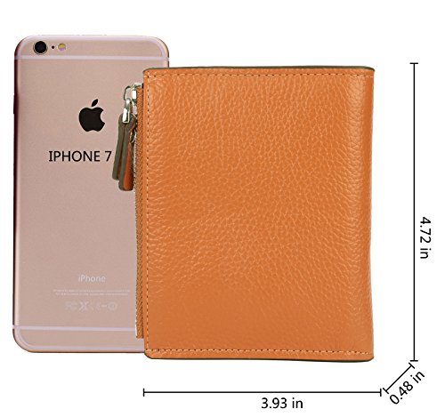 AINIMOER Women's RFID Blocking Leather Small Compact Bi-fold Zipper Pocket Wallet Card Case Purse with id Window (Lichee Orange)