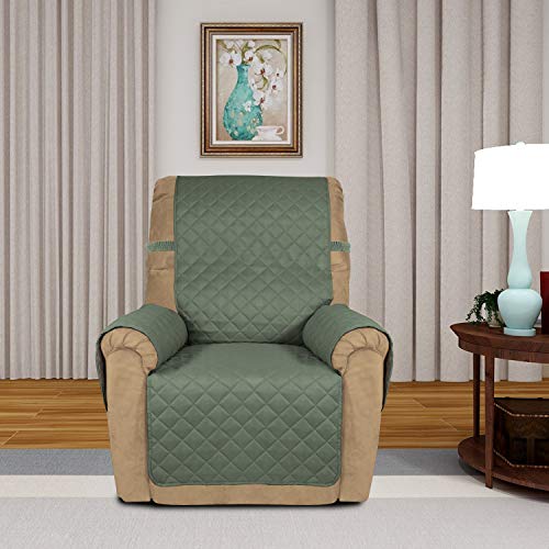 PureFit Reversible Quilted Recliner Sofa Cover, Water Resistant Slipcover Furniture Protector, Washable Couch Cover with Elastic Straps for Kids, Dogs, Pets (Recliner, Greyish Green/Beige)