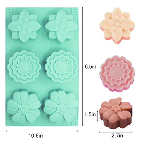 6-Cavity Silicone Flower Shape Cake Molds, YuCool 3 Packs Fondant Shape Decorating Ice Cube Trays for Homemade Cake Chocolate Cupcake - Purple Green Pink