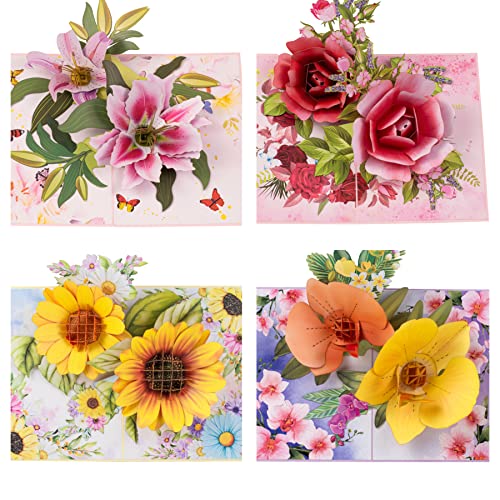 TRUANCE Pop Up Greeting Cards Assortment, 4 Cards, Flower Card, Birthday Cards, Anniversary, Mother Day, Father Day, Thinking of You, Thank You Card