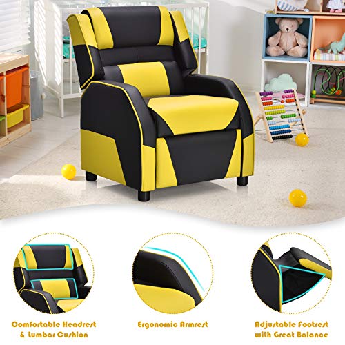Costzon Kids Recliner, Gaming Recliner Chair w/Footrest, Headrest, Lumbar Support, Ergonomic Leather Lounge Chair for Living & Gaming Room, Adjustable Racing Style Sofa for Children Boys Girls, Yellow