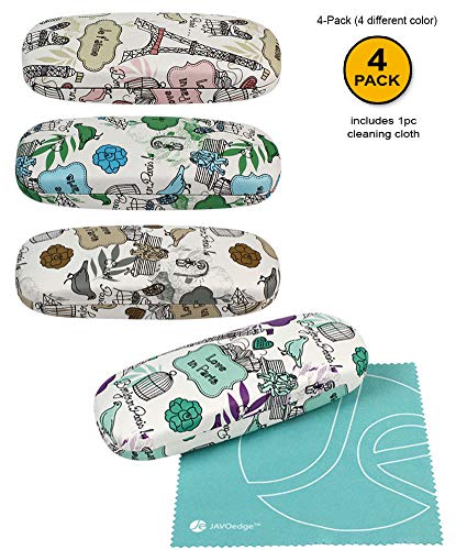 JAVOedge [4 PACK], Bundle Paris Theme Printed Pattern Hard Clamshell Eyeglass Storage Case With Microfiber Cloth